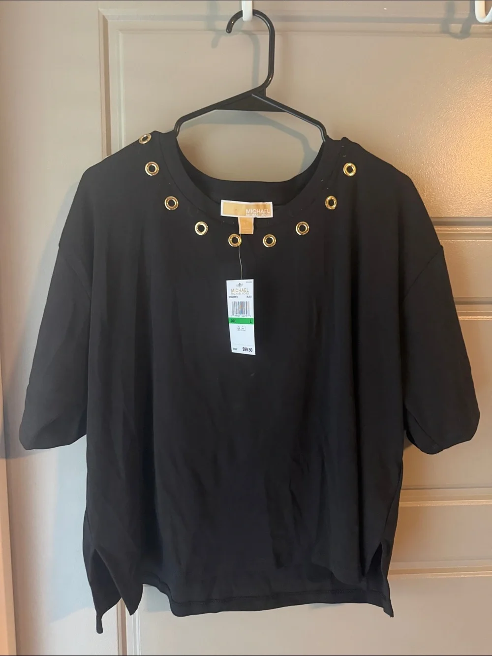NWT Michael Kors Black Short-Sleeve Top with Gold Grommet Accents